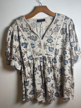 Lane Bryant Cream Floral Boho Peasant Top with Blue Accents Size: 16